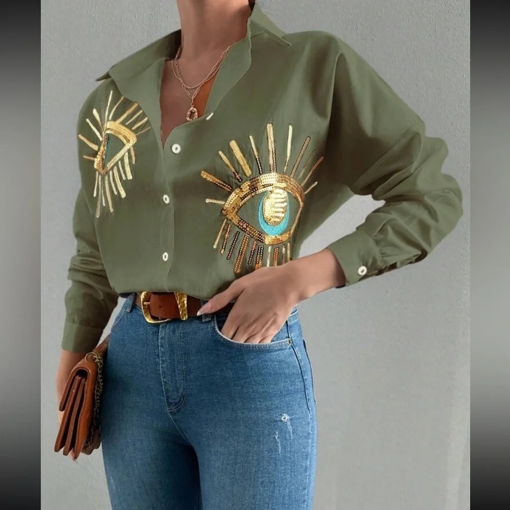 Boho blue eye embroidered button down long sleeve shirt - Picture 4 of 5